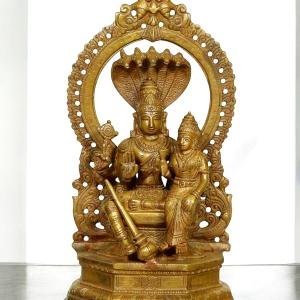 10" Pure Brass Vishnu Lakshmi on Sheshanaaga | Bronze Finish Divine Couple | Sacred Temple Art